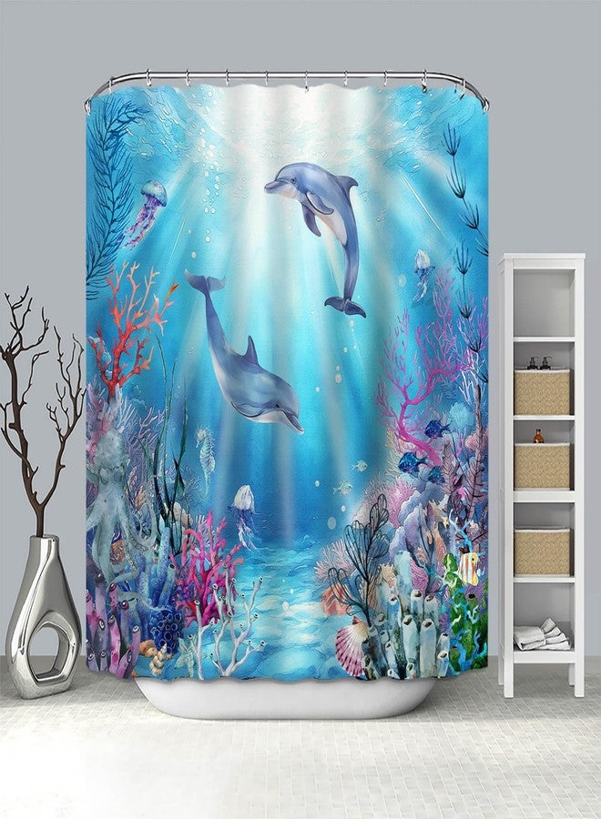 Mocsicka Dolphin Shower Curtain Blue Underwater World Kids Ocean Animal Bathroom Shower Curtain Dolphin Waterproof Fabric Shower Curtain Bathtub Decor with 12 Hooks 72 X 72 Inch - Image 4