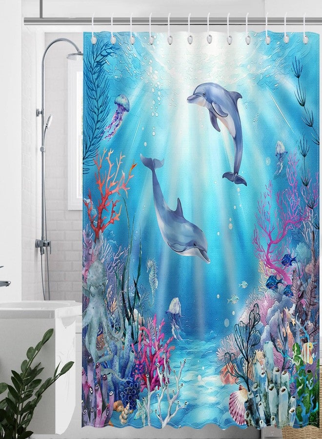 Mocsicka Dolphin Shower Curtain Blue Underwater World Kids Ocean Animal Bathroom Shower Curtain Dolphin Waterproof Fabric Shower Curtain Bathtub Decor with 12 Hooks 72 X 72 Inch - Image 2