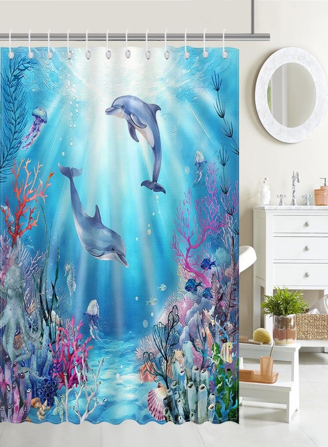 Mocsicka Dolphin Shower Curtain Blue Underwater World Kids Ocean Animal Bathroom Shower Curtain Dolphin Waterproof Fabric Shower Curtain Bathtub Decor with 12 Hooks 72 X 72 Inch - Image 1