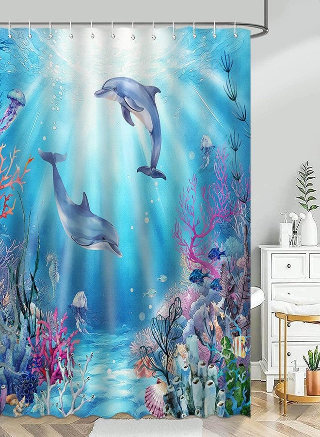 Mocsicka Dolphin Shower Curtain Blue Underwater World Kids Ocean Animal Bathroom Shower Curtain Dolphin Waterproof Fabric Shower Curtain Bathtub Decor with 12 Hooks 72 X 72 Inch - Image 3