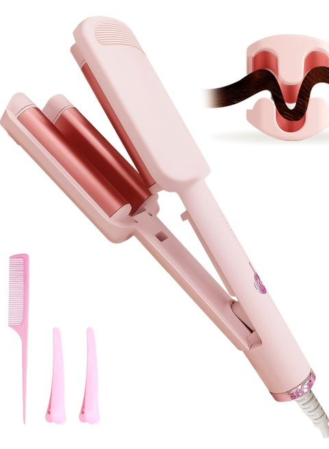 Deep Beach Waver Curling Iron Hair Crimper, Ionic Deep Waver Hair Curler Tool, Beach Waver Curling Wand, Hair Curler and Hot Tools Curling Iron with Ceramic 3 Barrel for Short Hair Women (Pink)
