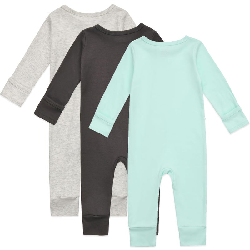Aablexema Baby Cotton Fooltess Pajamas with Mitten, 3-pack Infant Romper Zip Up One Piece Jumpsuits Outfit(Light Grey&Black Grey&Mint,12-18m) - Image 2