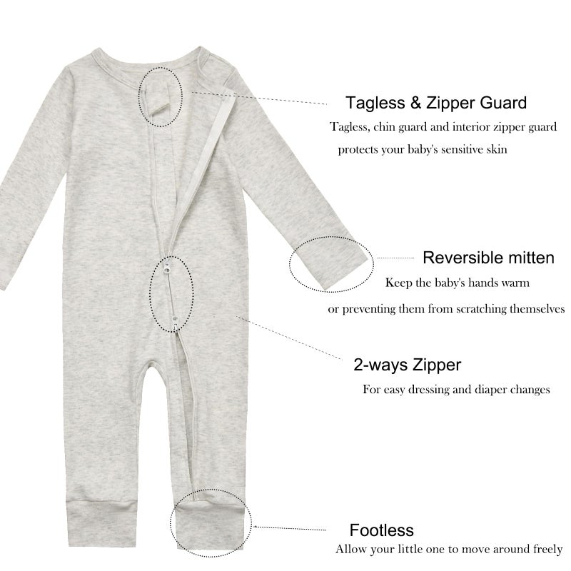 Aablexema Baby Cotton Fooltess Pajamas with Mitten, 3-pack Infant Romper Zip Up One Piece Jumpsuits Outfit(Light Grey&Black Grey&Mint,12-18m) - Image 3