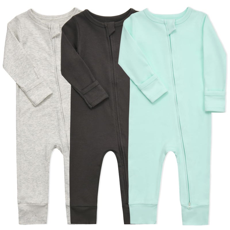 Aablexema Baby Cotton Fooltess Pajamas with Mitten, 3-pack Infant Romper Zip Up One Piece Jumpsuits Outfit(Light Grey&Black Grey&Mint,12-18m) - Image 1