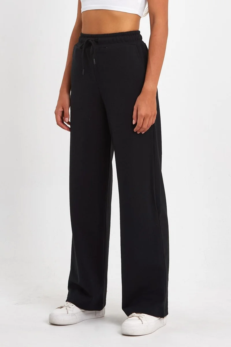 mmetalic Women's Seasonal Casual Wide Leg Side Pocket Black Sweatpants