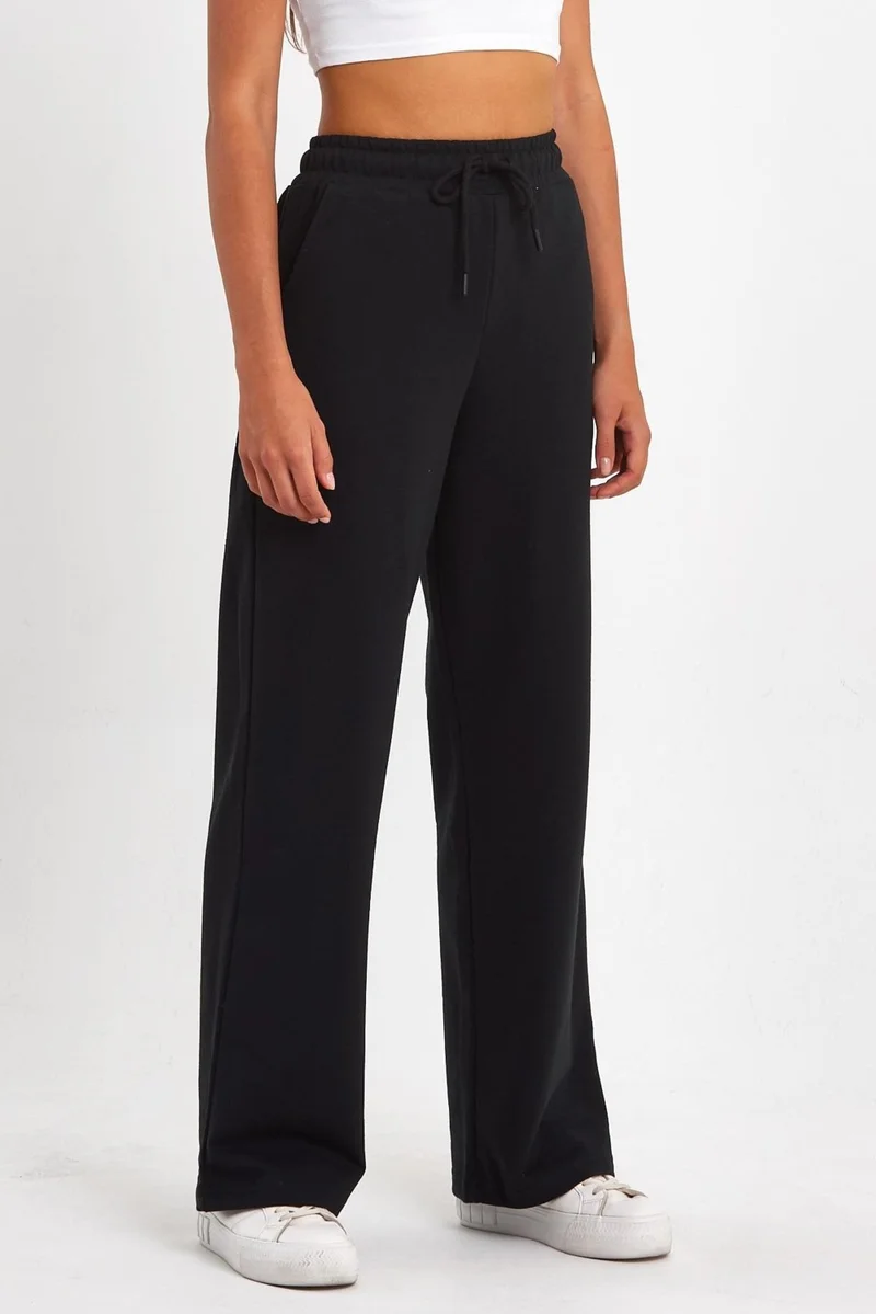 mmetalic Women's Seasonal Casual Wide Leg Side Pocket Black Sweatpants