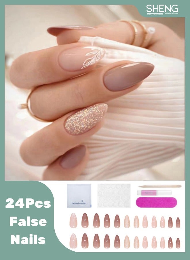 SHENG Beauty 24pcs Shiny Gold and Light Brown False Nails + 5pcs Kit Press-On False Nails Wearable Nails - Image 1