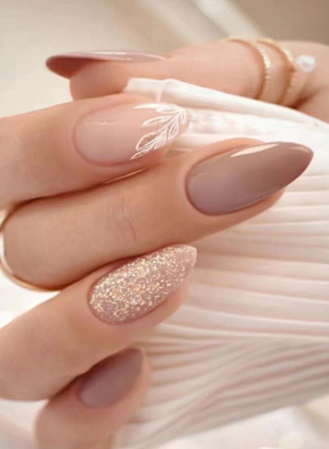 SHENG Beauty 24pcs Shiny Gold and Light Brown False Nails + 5pcs Kit Press-On False Nails Wearable Nails - Image 3