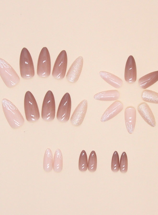 SHENG Beauty 24pcs Shiny Gold and Light Brown False Nails + 5pcs Kit Press-On False Nails Wearable Nails - Image 4