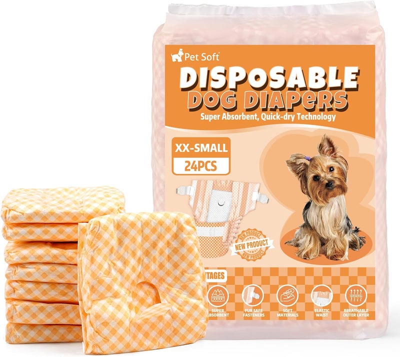 Pet Soft Female Dog Diapers - Disposable Puppy Diapers for Dogs & Cats, Ultra Absorbent Doggy in Heat Period or Urine Incontinence, 24pcs (XXS, Orange) - Image 1