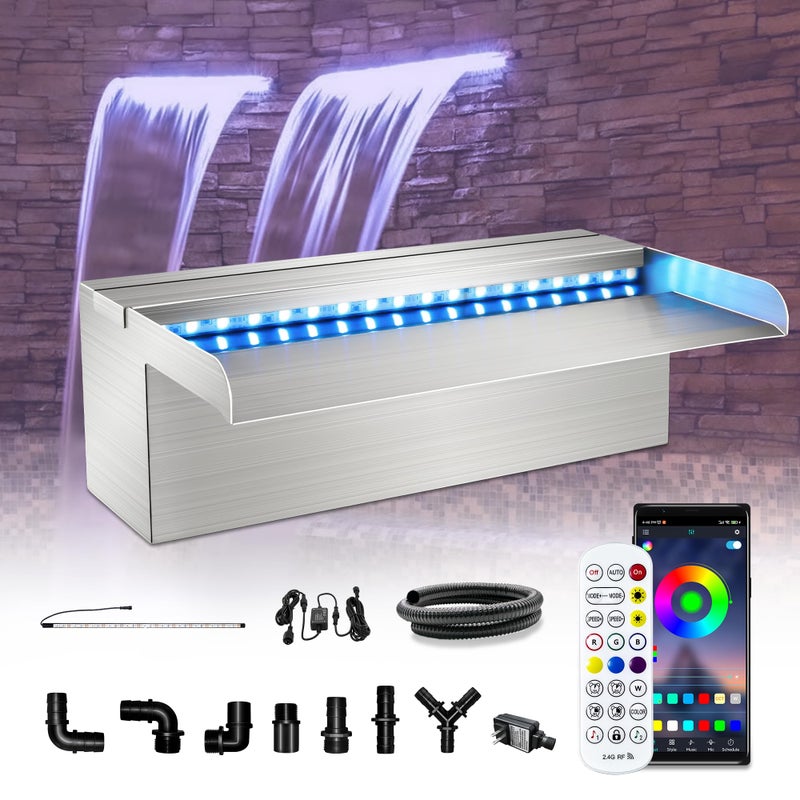 LONGRUN Stainless Steel Waterfall Spillway APP Control MultiColor LED Light Outdoor Pool Fountain Water Spillway Koi Pond Waterfalls Fountains Kit for Garden Patio Swimming Pool Decoration236