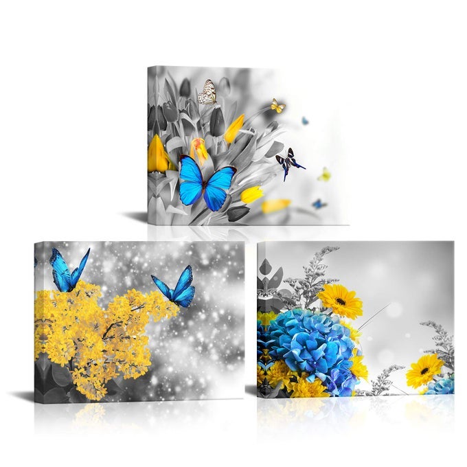 3 PIECES BLACK WHITE YELLOW FLOWERS CANVAS WALL ART BLUE BUTTERFLY MODERN ARTWORK GICLEE PRINTS FOR BATHROOM BEDROOM LIVING ROOM HOME OFFICE GIFT