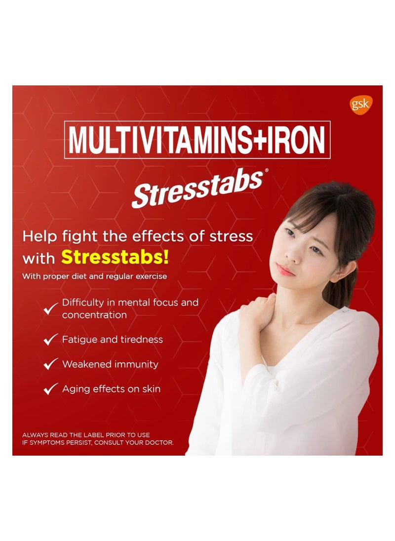 Stresstabs Multivitamins + Iron Tablets, Anti-Stress Vitamin Formula Enriched with Essential Vitamins and Minerals, 30 Tablets.