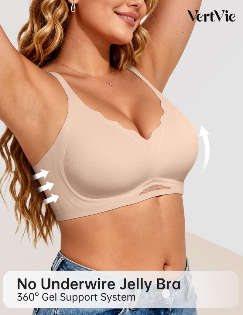 Vertvie Bras for Women Wireless Jelly Push Up Seamless Bra Full Coverage No Underwire Supportive Scalloped T Shirt Bralette(Nude,Small) - Image 2