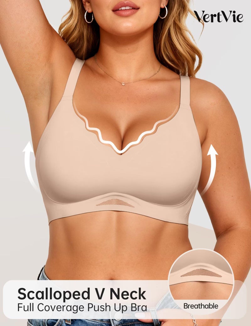 Vertvie Bras for Women Wireless Jelly Push Up Seamless Bra Full Coverage No Underwire Supportive Scalloped T Shirt Bralette(Nude,Small) - Image 3