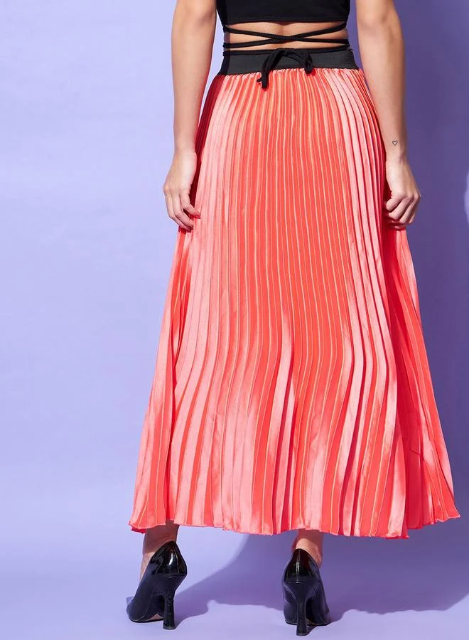 Stylestone  Stylestone Satin Pink Pleated A-Line Midi Skirt for Women | Best Price UAE
