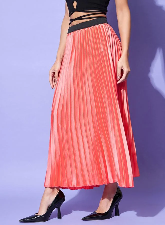 Stylestone  Stylestone Satin Pink Pleated A-Line Midi Skirt for Women | Best Price UAE