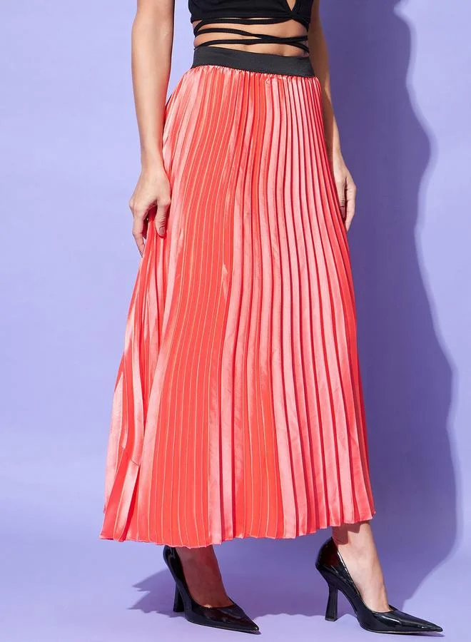 Stylestone  Stylestone Satin Pink Pleated A-Line Midi Skirt for Women | Best Price UAE