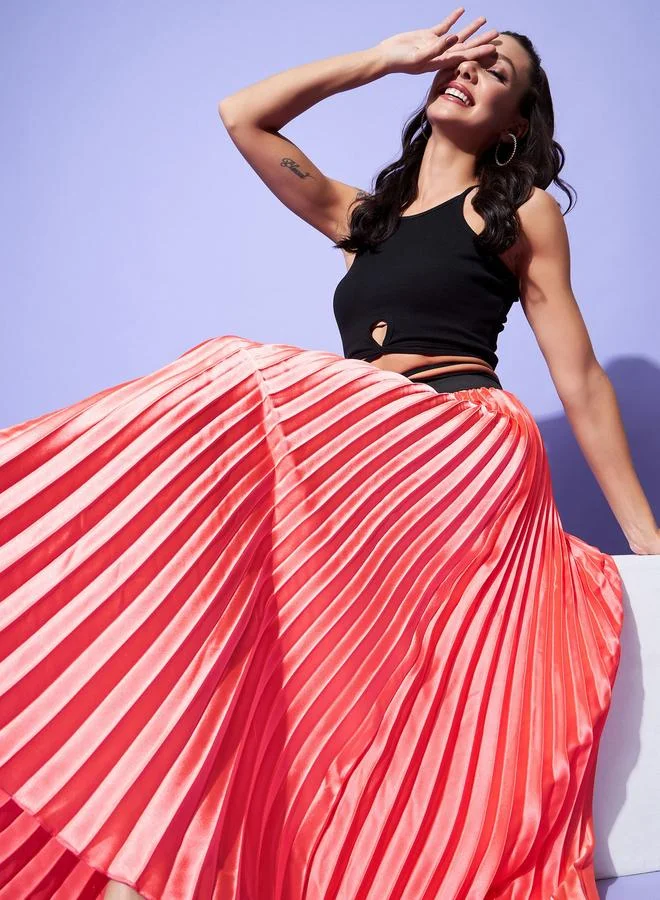 Stylestone Satin Pink Pleated A-Line Midi Skirt