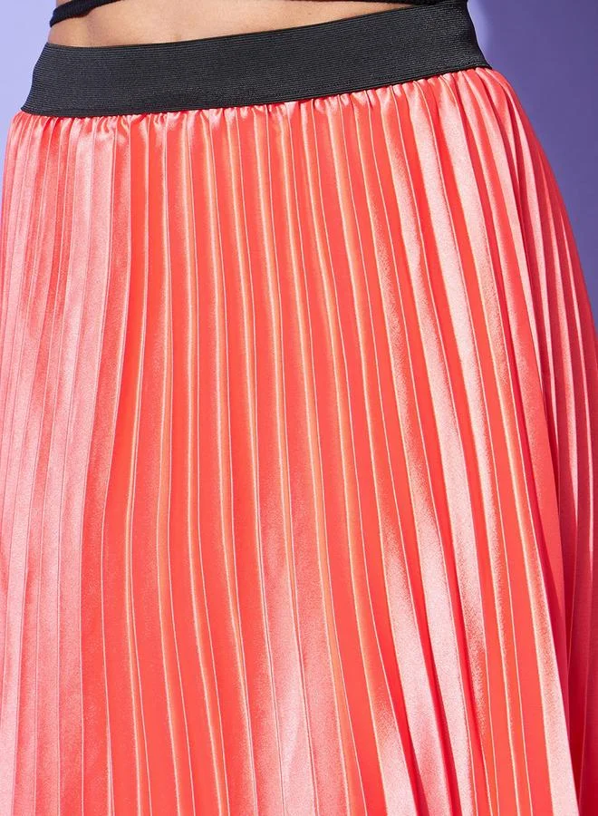 Stylestone  Stylestone Satin Pink Pleated A-Line Midi Skirt for Women | Best Price UAE