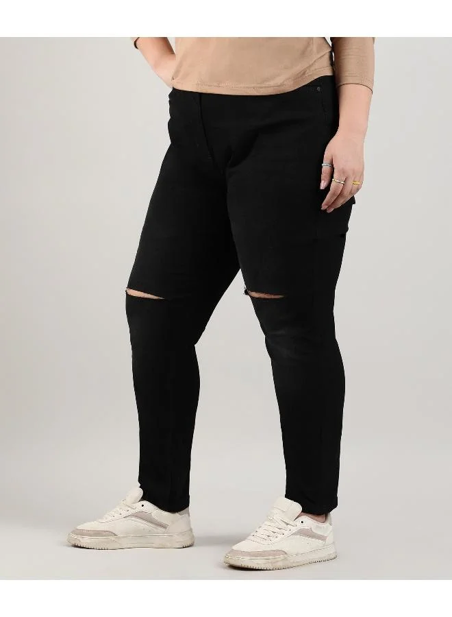 Instafab Plus Women's Jet Black Slashed-Knee Denim Jeans