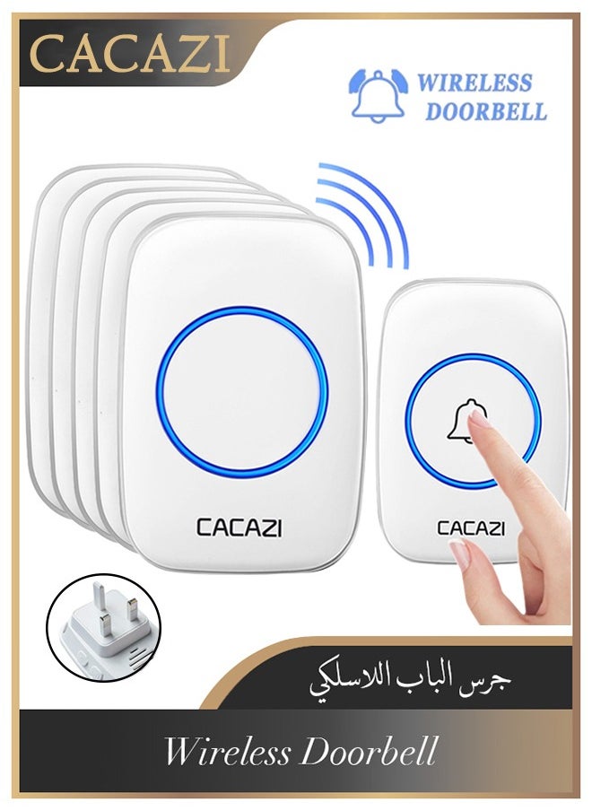 CACAZI Waterproof Wireless Doorbell with UK Plug, LED Flash, Over 1000 Feet Range, 60 Sounds and 5 Levels of Volume, Cordless Doorbell for Home, Office, Apartment, Hotel, Warehouse and Anti-Theft, White  - Image 1