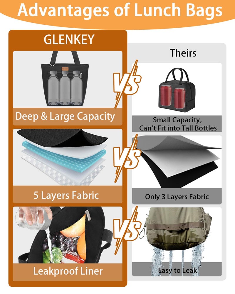 GLENKEY Insulated Lunch Bag Tote Lunch Box - Large Leakproof Cooler Bags for Adults - Soft Lunchbox for Women Work Shift Outdoor Travel Black 8L - Image 5