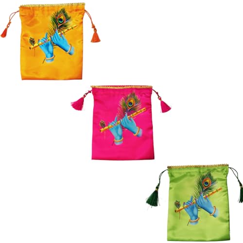 Sri Yagnaa - Pack of 10 - Lord Krishna Hands Design Potli Bags - Women's Silk Drawstring Closure - Gift Pouches - for Return Gifting - Potli Bags for Thamboolam - Fabric Potli Batwa Bag (Multi-Color) - Image 3