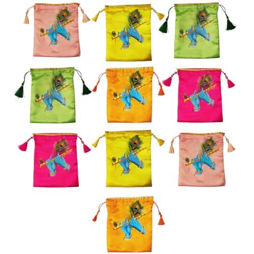 Sri Yagnaa - Pack of 10 - Lord Krishna Hands Design Potli Bags - Women's Silk Drawstring Closure - Gift Pouches - for Return Gifting - Potli Bags for Thamboolam - Fabric Potli Batwa Bag (Multi-Color) - Image 1