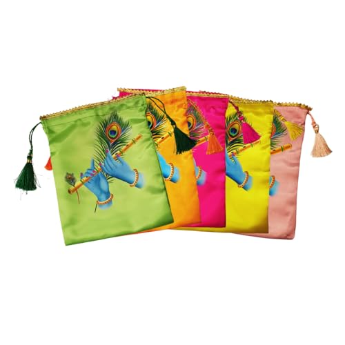 Sri Yagnaa - Pack of 10 - Lord Krishna Hands Design Potli Bags - Women's Silk Drawstring Closure - Gift Pouches - for Return Gifting - Potli Bags for Thamboolam - Fabric Potli Batwa Bag (Multi-Color) - Image 2