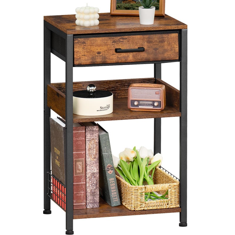 Lerliuo End Table with Fabric Drawer3 Tier Industrial Wood Side Table with StorageModern Tall Printer StandVintage Brown NightstandRustic Bedside Tables for Living Room Bedroom Small Spaces