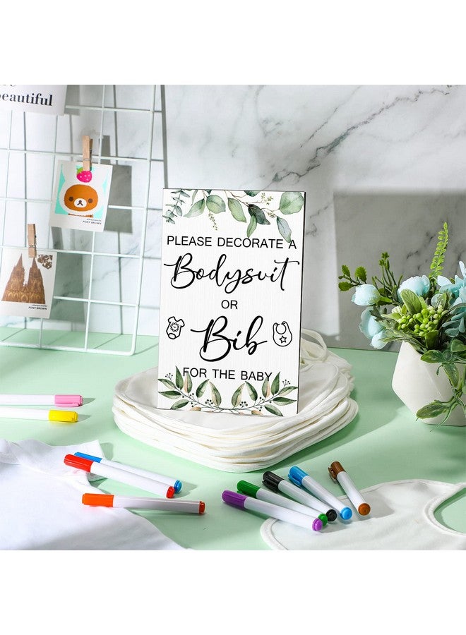Roowest Roowest 35 Pcs Baby Shower Bibs Games Design Wooden Baby Shower Party Game Sign DIY Bodysuit Sign 15 White Blank Feeder Bibs 9 Newborn Bodysuit 10 Markers for Boys Girls(Greenery)  - Image 4