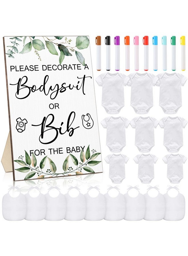 Roowest Roowest 35 Pcs Baby Shower Bibs Games Design Wooden Baby Shower Party Game Sign DIY Bodysuit Sign 15 White Blank Feeder Bibs 9 Newborn Bodysuit 10 Markers for Boys Girls(Greenery)  - Image 1