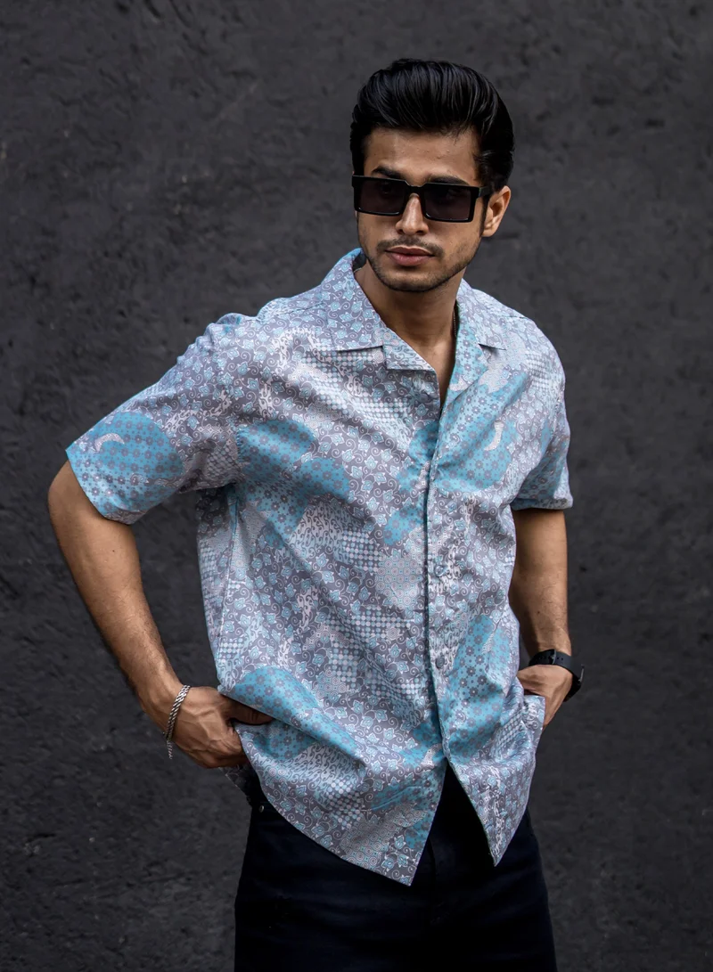 Maniac Maniac Mens All Over Printed Collar Neck Half Sleeve Blue Cotton Oversized Shirt