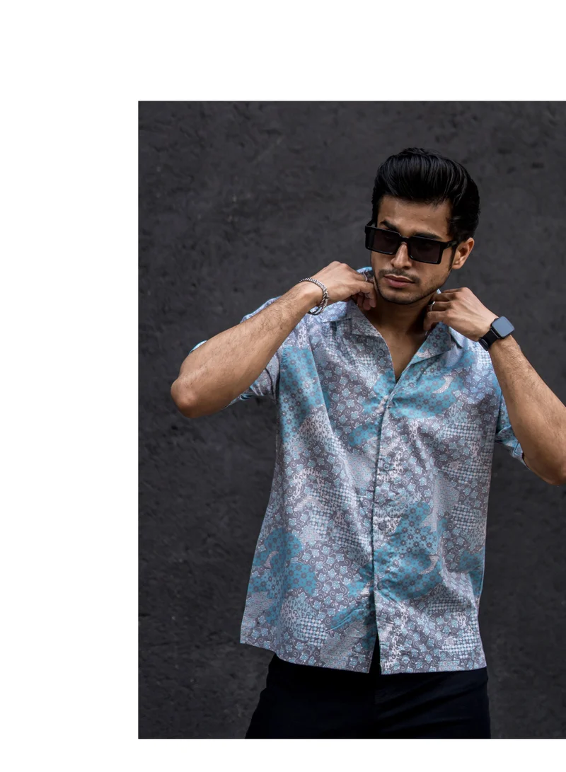Maniac Maniac Mens All Over Printed Collar Neck Half Sleeve Blue Cotton Oversized Shirt