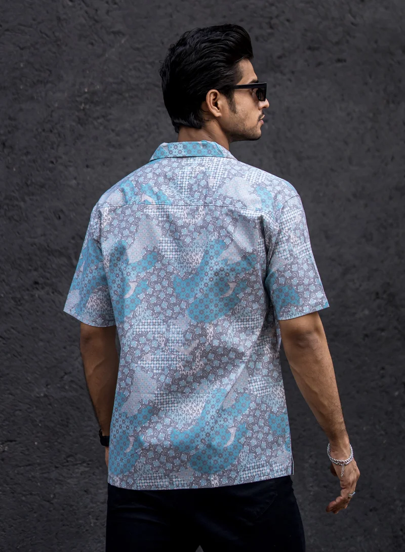 Maniac Maniac Mens All Over Printed Collar Neck Half Sleeve Blue Cotton Oversized Shirt