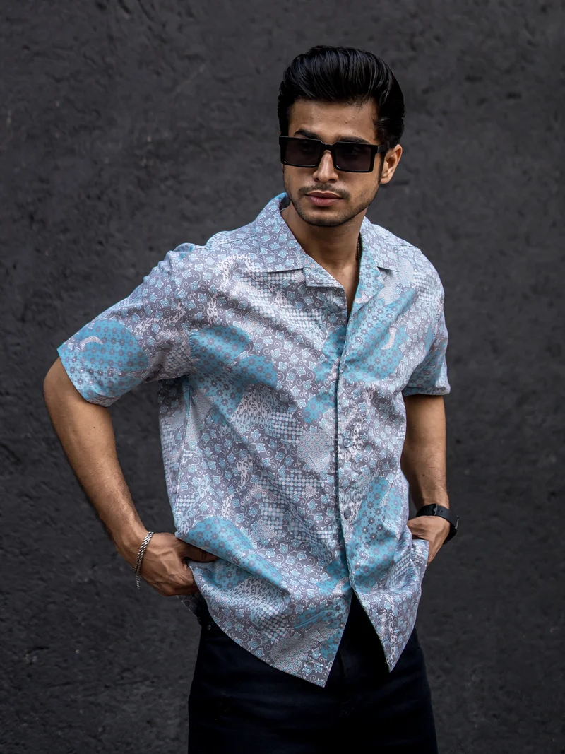 مانياك Maniac Mens All Over Printed Collar Neck Half Sleeve Blue Cotton Oversized Shirt