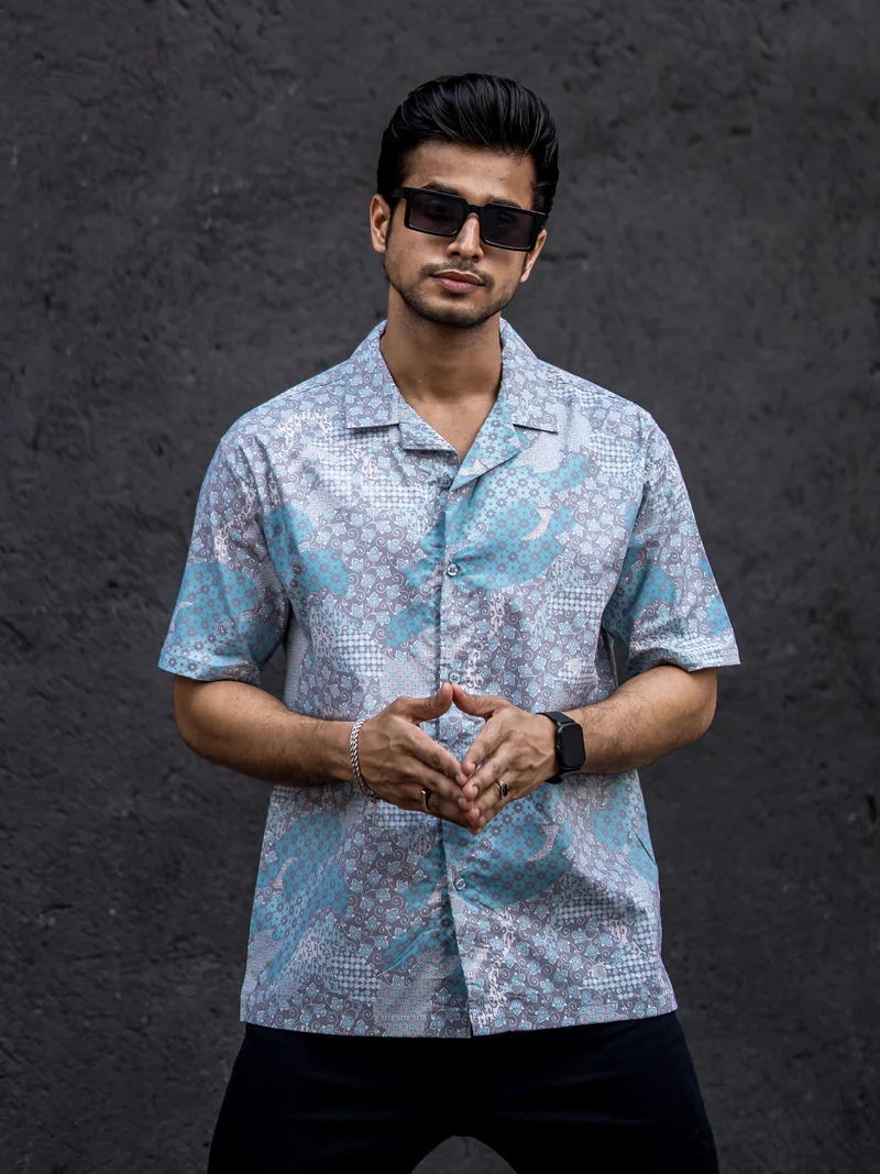 مانياك Maniac Mens All Over Printed Collar Neck Half Sleeve Blue Cotton Oversized Shirt