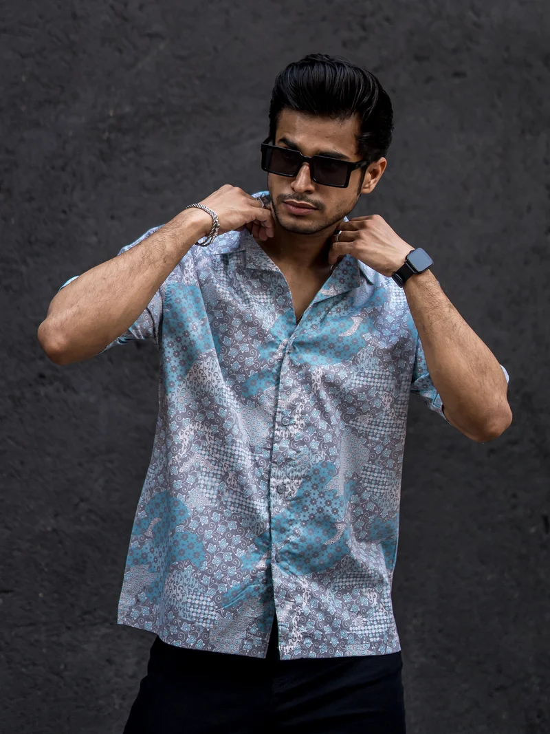 Maniac Maniac Mens All Over Printed Collar Neck Half Sleeve Blue Cotton Oversized Shirt