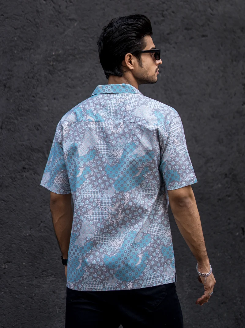Maniac Maniac Mens All Over Printed Collar Neck Half Sleeve Blue Cotton Oversized Shirt