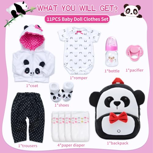 Pedolltree 11 Pcs Set Reborn Baby Dolls Clothes Girl Panda Outfit Accessories for 1719 Inch Reborn Doll Newborn Girl with Panda BackpackDiaper - Image 5