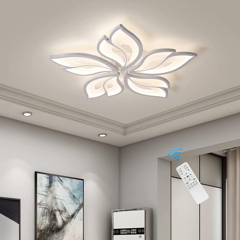 Garwarm مصباح سقف حديث 58 واط قابل للتعتيم مثبت على السطح مصباح سقف LED 4 حلقات ثريا سقف أكريليك مع جهاز تحكم عن بعد لغرفة المعيشة وغرفة الطعام وغرفة النوم (5 بتلات، أبيض) - Image 1