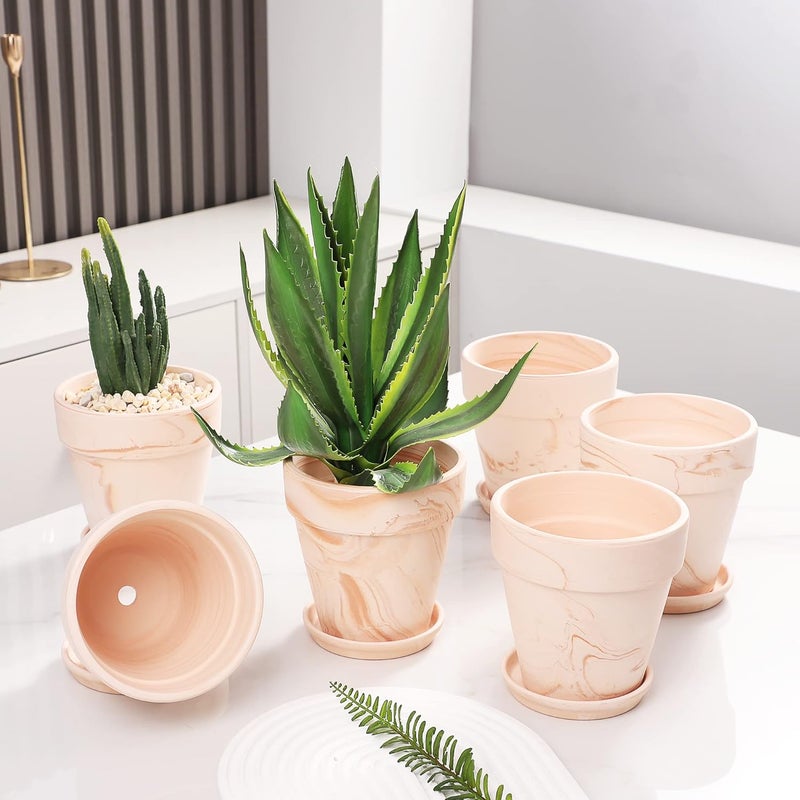 Yishang أواني الطين مع صحن 6 عبوة كبيرة أواني الطين الفخارية 5 أواني خزفية زراعية أواني زهور الصبار وعاء العصارة مع فتحة تصريف رائعة للنباتات والحرف اليدوية - Image 4