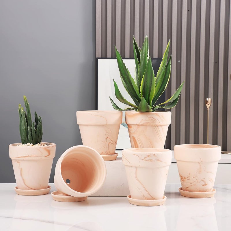 Yishang أواني الطين مع صحن 6 عبوة كبيرة أواني الطين الفخارية 5 أواني خزفية زراعية أواني زهور الصبار وعاء العصارة مع فتحة تصريف رائعة للنباتات والحرف اليدوية - Image 3