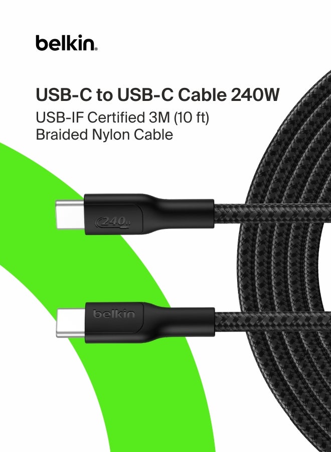 بيلكين Eco Braided USB-C to USB-C Cable (3M, 240W) - Soft, Flexible Fast-Charging Cable, Type C Charger Cord for iPhone 16, Galaxy S25, Pixel 9, MacBook, iPad Pro, & More - Black (USB 2.0) Black - Image 1