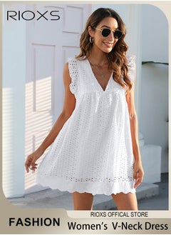 RIOXS Women Mini Dress, V-Neck Sleeveless Dress with Back Zipper, Lace Up Smocking Ruffle Short Slip Dress, Elegant Summer Dress, Suitable for Beach Vacation, Party, Swimpool and Daily Life  - Image 1