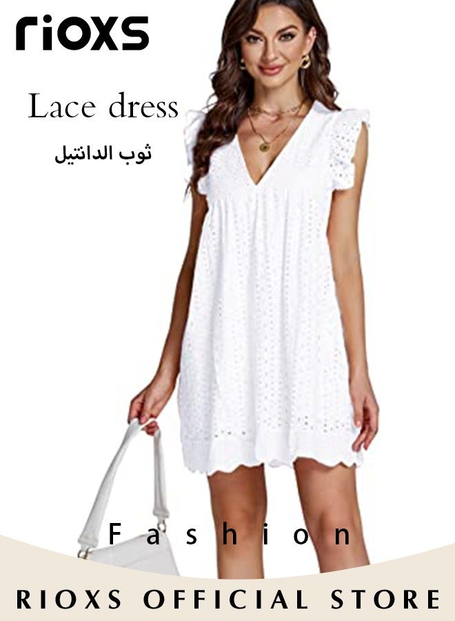 Women Mini Dress, V-Neck Sleeveless Dress with Back Zipper, Lace Up Smocking Ruffle Short Slip Dress, Elegant Summer Dress, Suitable for Beach Vacation, Party, Swimpool and Daily Life