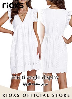 RIOXS Women Mini Dress, V-Neck Sleeveless Dress with Back Zipper, Lace Up Smocking Ruffle Short Slip Dress, Elegant Summer Dress, Suitable for Beach Vacation, Party, Swimpool and Daily Life  - Image 5