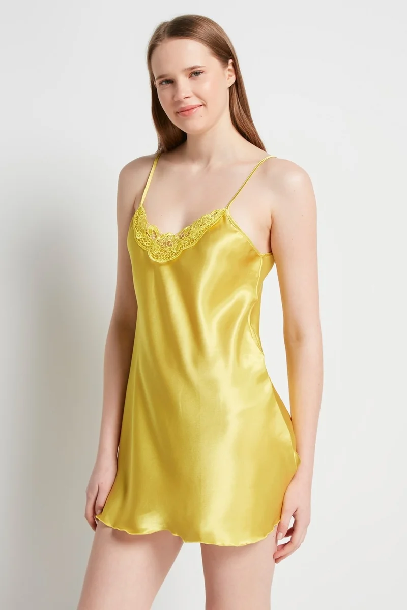 C&city 005 Women's Satin Nightgown Light Yellow