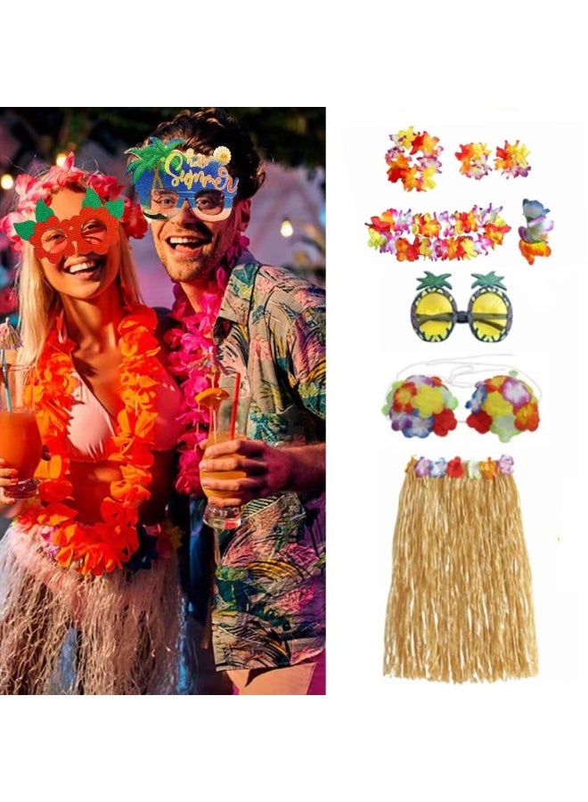 8-Pack Hula Skirts for Hawaiian Beach Tropical Party! Elastic Outfits with Flowers, Ideal for Adult Hawaiian Hula and Seagrass Dance  - Image 1